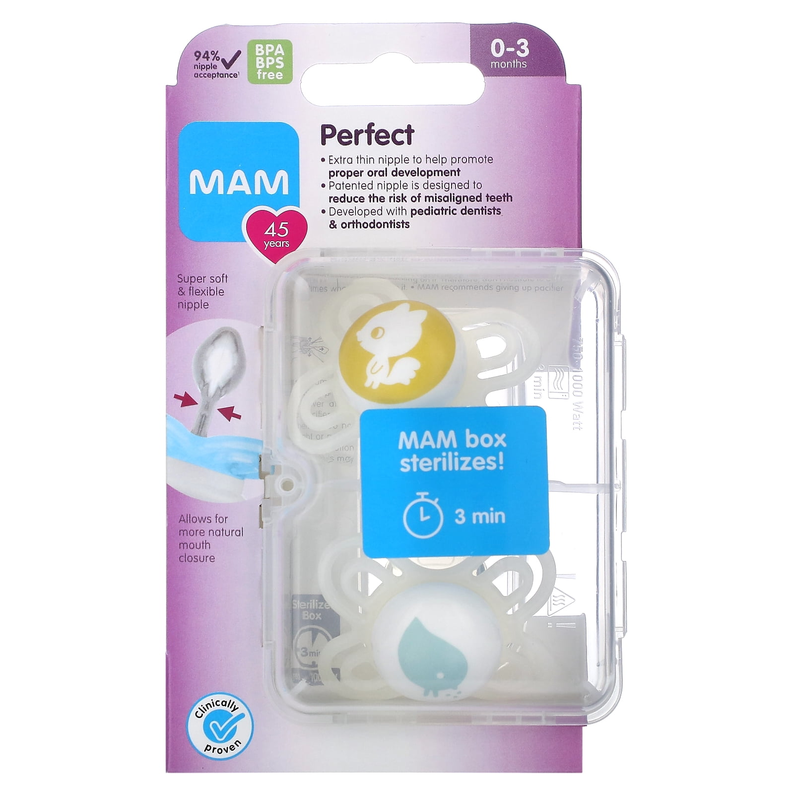 MAM Perfect Baby Pacifier, Patented Nipple, Developed with Pediatric  Dentists & Orthodontists, Unisex, 0-3 (Pack of 2)
