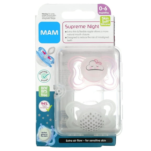 MAM Supreme Night Pacifier, 0-6 Months, Pink/Clear, 2 Count