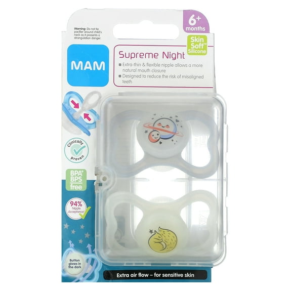 MAM Supreme Night Pacifier, 6+ Months, Clear, 2 Count