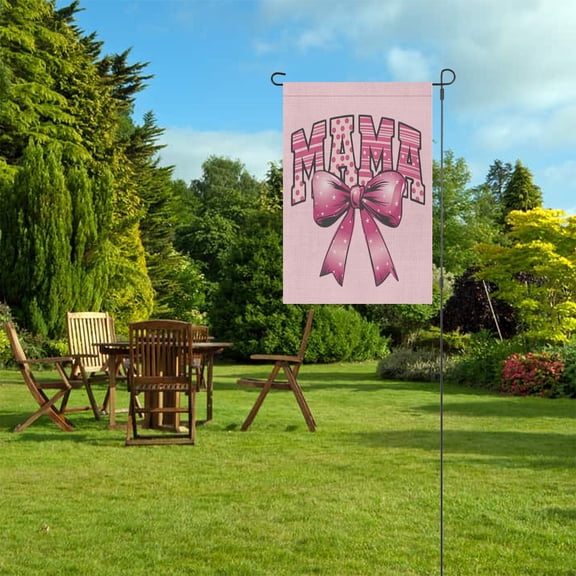 "MAMA" Coquette Garden Flag - Pink Polka Dot & Stripe Varsity Lettering with Bow, 12x18 Inch Double-Sided Mother's Day Yard Decor (Flag Only)