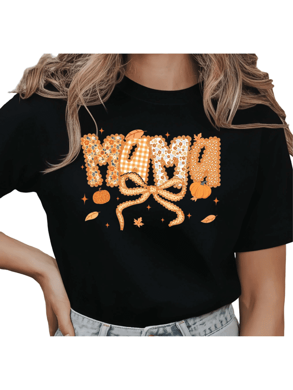 MAMA Fall Pumpkin Graphic T-Shirt Women's Autumn Lettering Short Sleeve Crewneck
