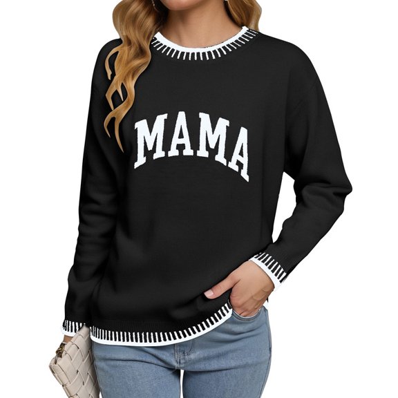 MAMA Graphic Sweaters for Women 2025 Mother's Day Lightweight Knitted Sweaters Crew Neck Long Sleeve Pullover Sweatshirts Tops Shermie
