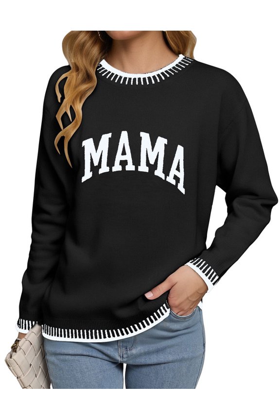 MAMA Graphic Sweaters for Women 2025 Mother's Day Lightweight Knitted Sweaters Crew Neck Long Sleeve Pullover Sweatshirts Tops Shermie