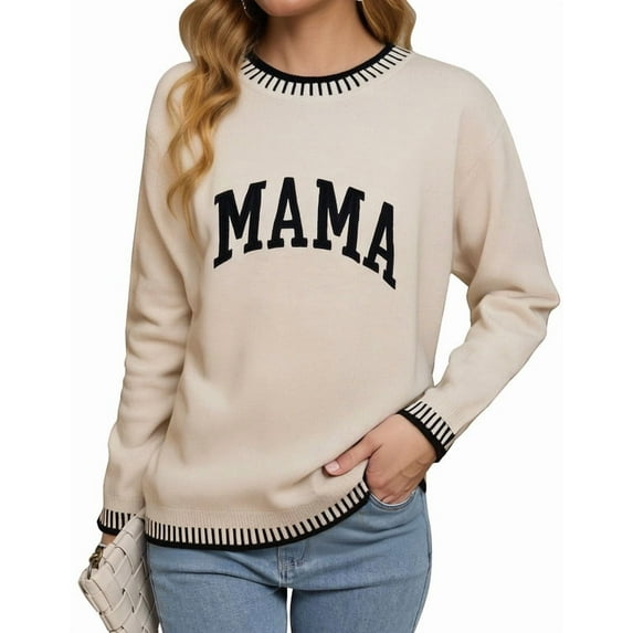 MAMA Graphic Sweaters for Women 2025 Mother's Day Lightweight Knitted Sweaters Crew Neck Long Sleeve Pullover Sweatshirts Tops Shermie