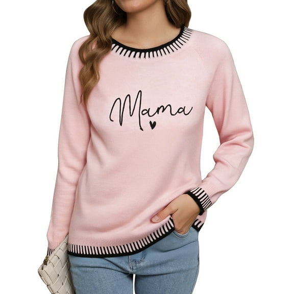 MAMA Graphic Sweaters for Women 2025 Mother's Day Lightweight Knitted Sweaters Crew Neck Long Sleeve Pullover Sweatshirts Tops Shermie