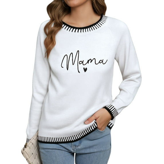 MAMA Graphic Sweaters for Women 2025 Mother's Day Lightweight Knitted Sweaters Crew Neck Long Sleeve Pullover Sweatshirts Tops Shermie