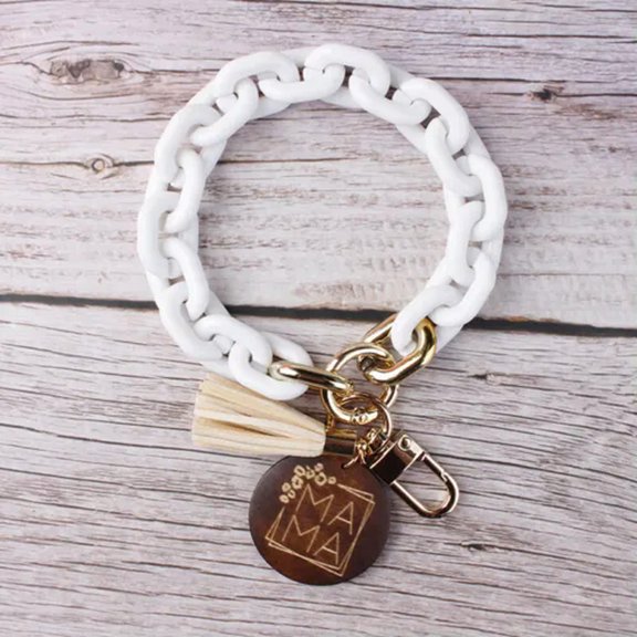 MAMA Initial Wood Disc Acrylic Cuban Link Keyring Bracelet Lanyard Keychain