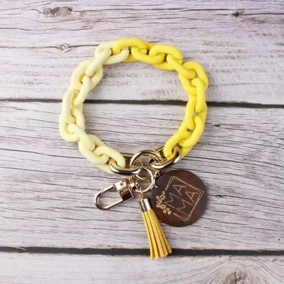 MAMA Initial Wood Disc Acrylic Cuban Link Keyring Bracelet Lanyard Keychain