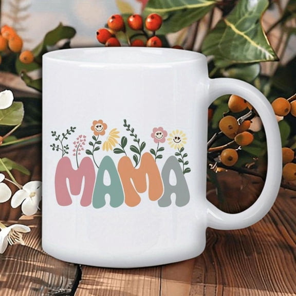 MAMA Insulated Ceramic Mug Reusable Coffee Cup with Cute MAMA Lettering nimals Bears Rabbits Elephants Pink Green Floral Design White Insulated Tea Cu