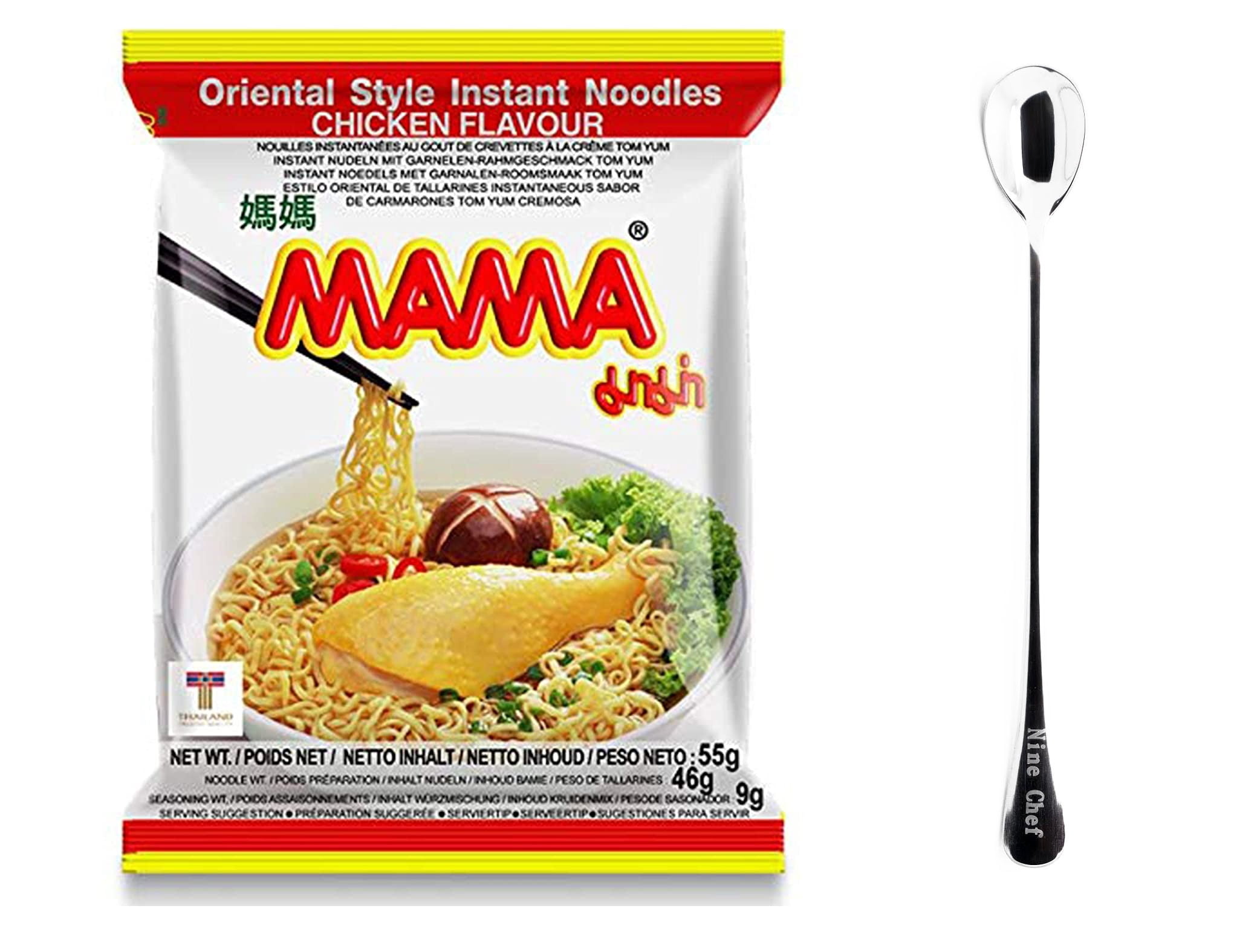 MAMA Oriental Style Instant Noodles (Artificial Chicken Flavor) (Pack of 30 , one case) plus NineChef Brand Spoon