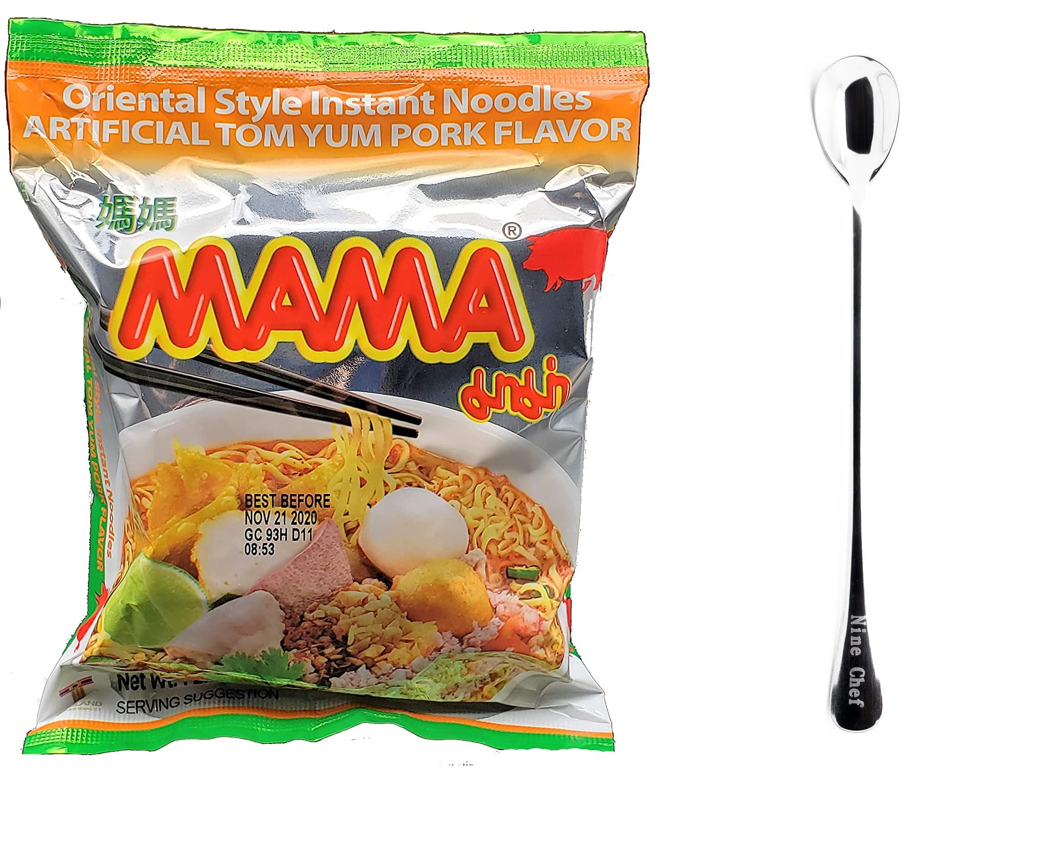 MAMA Oriental Style Instant Noodles (Shrimp Flavor Tom Yum) (Pack of 10)  plus NineChef Brand Golden Heart Spoon