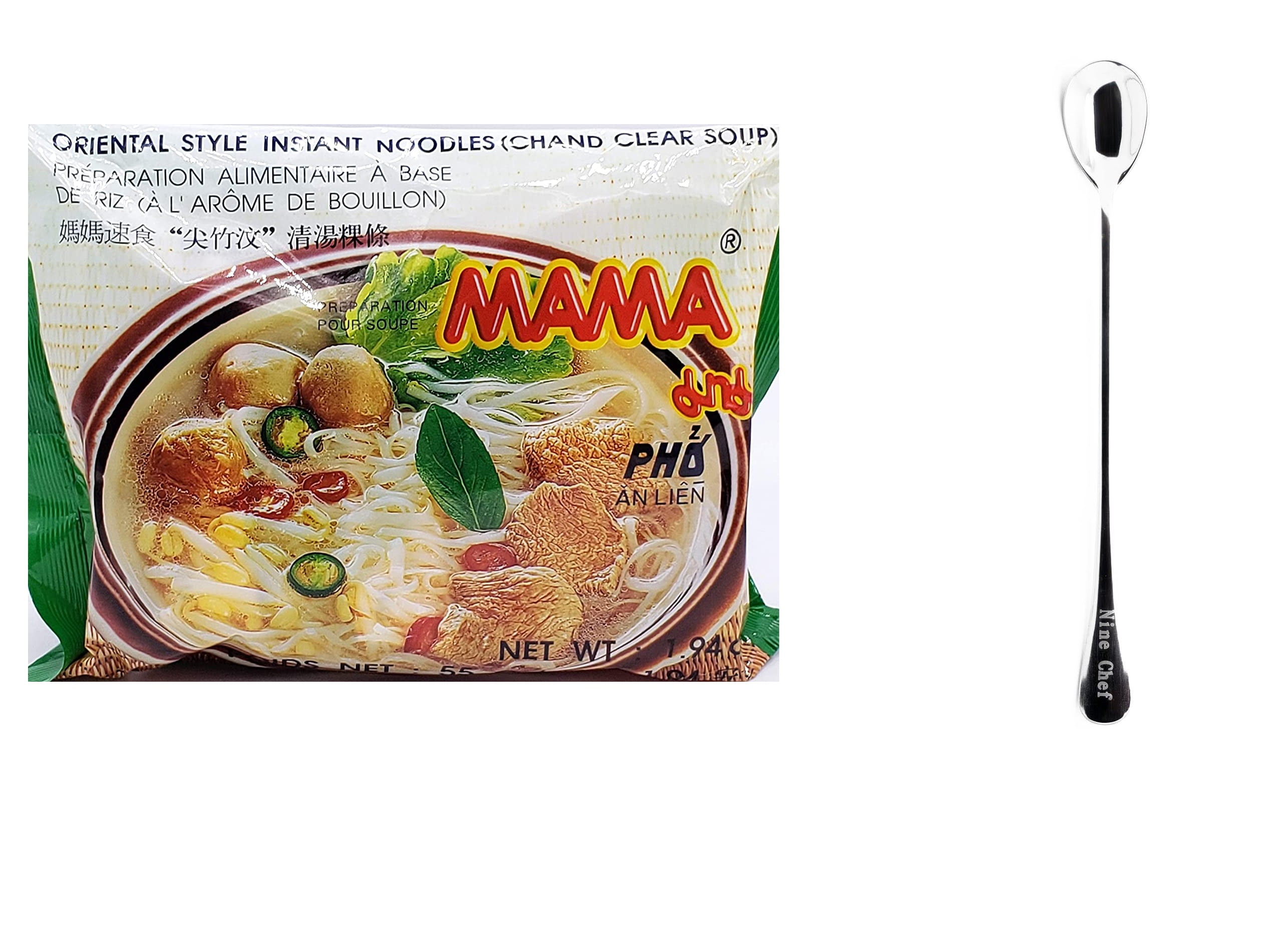 MAMA Oriental Style Instant Noodles (Chand Clear Soup) (Pack of 30 , one case) plus NineChef Brand Spoon