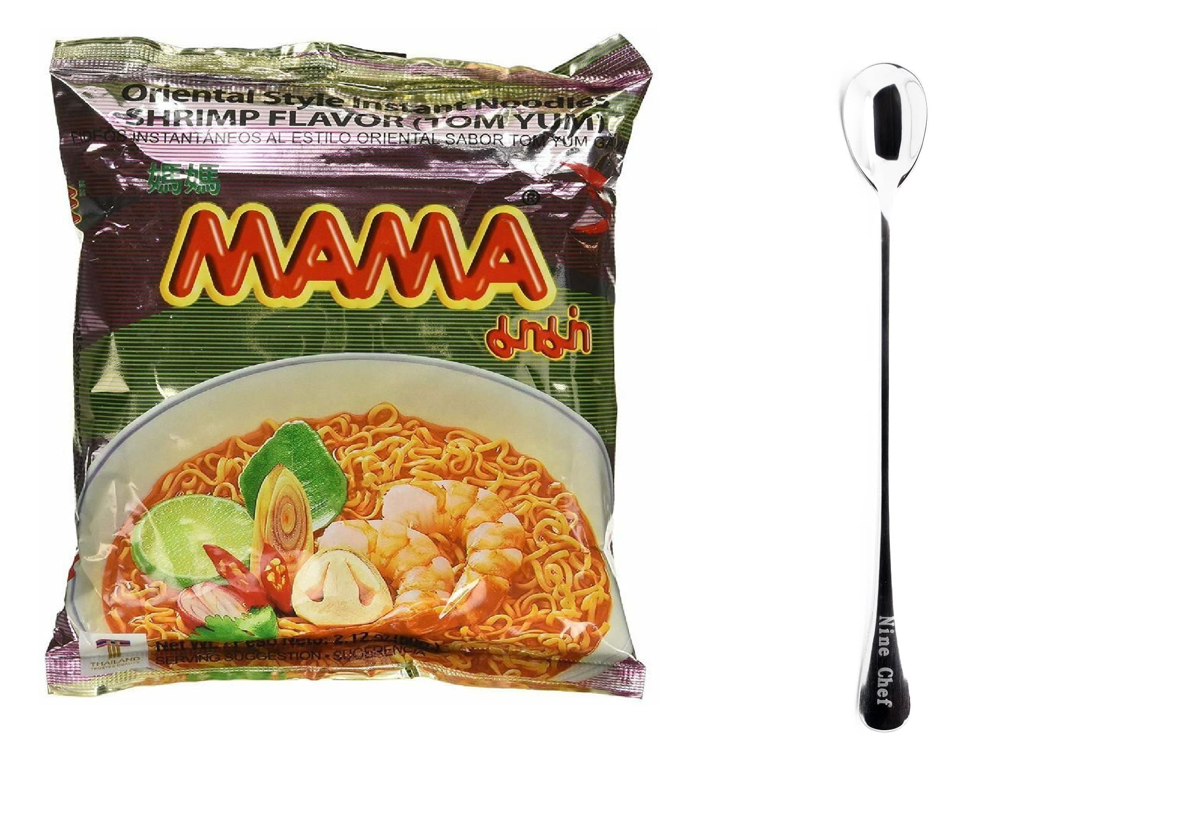 MAMA Oriental Style Instant Noodles (Shrimp Flavor Tom Yum) (Pack of 30 , one case) plus NineChef Brand Spoon