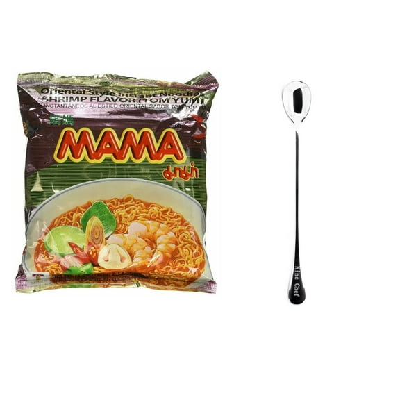 MAMA Oriental Style Instant Noodles (Shrimp Flavor Tom Yum) (Pack of 30 , one case) plus NineChef Brand Spoon