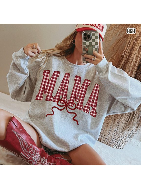 MAMA Red Gingham Bow Crewneck Sweatshirt, Unisex Classic Fit, Cotton-Poly Fleece, 271 GSM