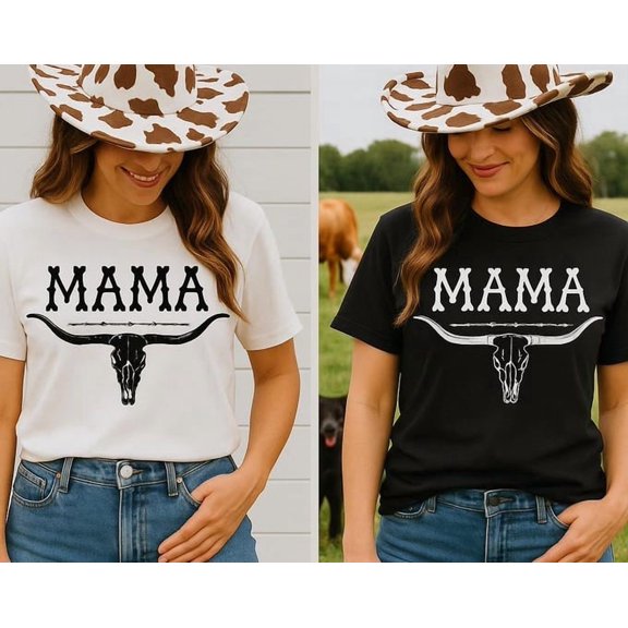 MAMA Western Shirt, Cow Skull Design, Bone Lettering Tee, Rustic Country Outfit, Boho Cowgirl Shirt, Southern Mama , Rodeo Style, E6106