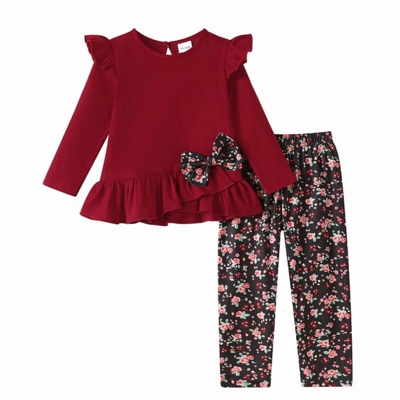 MAMAMI Toddler Girl Fall Winter Clothes Long Sleeve Ruffle Top Floral Pants 2 Piece Baby Girl Set Casual Daily Wear