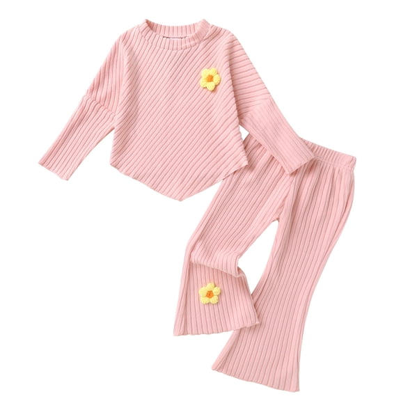 MAMAMI Toddler Girl Ribbed Outfit Long Sleeve Top & Flare Pants 2-Piece Set Soft Stretchy Fall Winter Playwear 12M-5Y