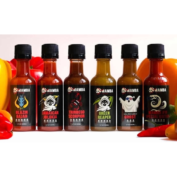MAMBA Mini MVPs All Star Hot Sauce Variety Pack, Premium Assorted Flavors Travel Size Bottles for BBQ, Meals & Sampling, Made in USA, Pack of 6