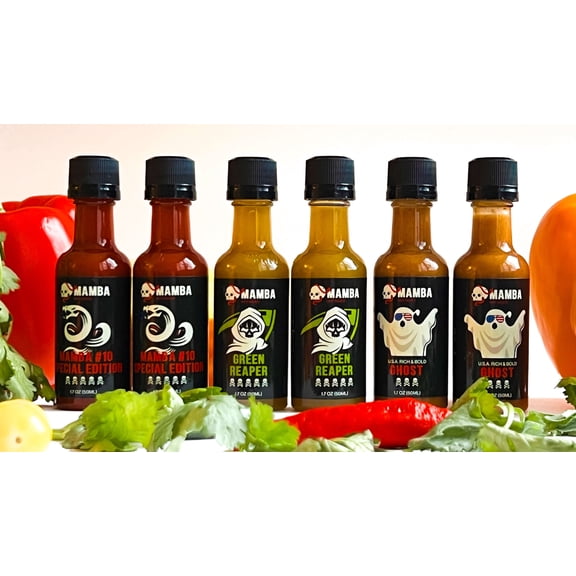 MAMBA Mini USA Limited Edition Hot Sauce Set, Premium Assorted Flavors Variety Pack, Travel Size Bottles for BBQ, Grilling & Everyday Meals, Pack of 6