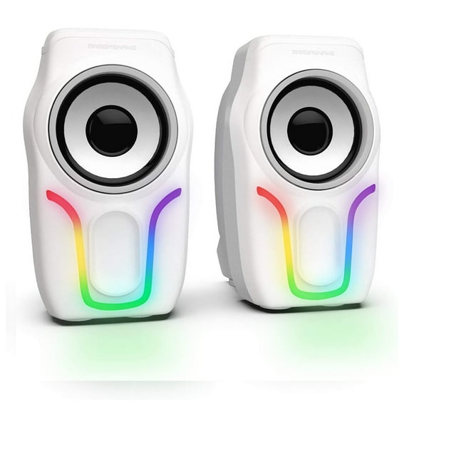 MAMBASNAKE Computer Speakers, 2.0 USB Powered PC Speakers Stereo Volume Control, 6 RGB LED Backlit Effect, Wired Mini Portable Gaming Speakers with 3.5mm for Desktop Computer/PC/Laptops (White)