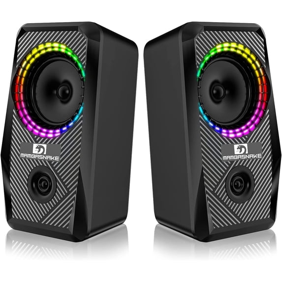 MAMBASNAKE PC Computer Speakers, Wired Mini RGB Gaming Speaker for PC 2.0 USB Powered 3.5 mm AUX, 6 RGB LED Backlit Modes Light Up, Multimedia Stereo Speaker for Desktop Laptop Phone Monitor, 10W