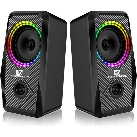 MAMBASNAKE PC Computer Speakers, Wired Mini RGB Gaming Speaker for PC 2.0 USB Powered 3.5 mm AUX, 6 RGB LED Backlit Modes Light Up, Multimedia Stereo Speaker for Desktop Laptop Phone Monitor, 10W