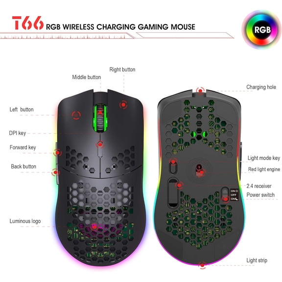 MAMBASNAKE x HXSJ T66 Wireless Gaming Mouse, 2.4Ghz Rechargeable Mouse with 6 Programmable Buttons