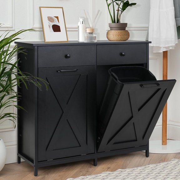 Hanyu Double Tilt Out Trash Cabinet 10 Gallon*2,Kitchen Garbage Cabinet,-Proof Standing Hidden Dual Laundry Sorter,W/Hideaway Drawer,for Kitchen,Living,Dining Room (Black)