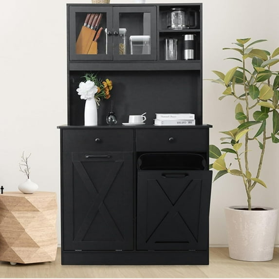 MAMIZO Double Tilt Out Trash Cabinet, 67.7 Large Double Storage Cupboard, Garbage Can Holder 2x10 Gallon, Proof Recycling Cabinet, Wood Laundry Closet, W/Countertop and Drawer, Shelves (Black)