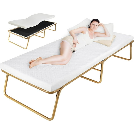 MAMIZO Folding Bed 75" x 31", Rollaway Bed with Mattress for Adults,Foldable Bed,Portable Bed,Metal Bed Frame with Memory Foam Mattress, Guest Bed for Bedroom,Office,Camp,No Assembly Required,Gold