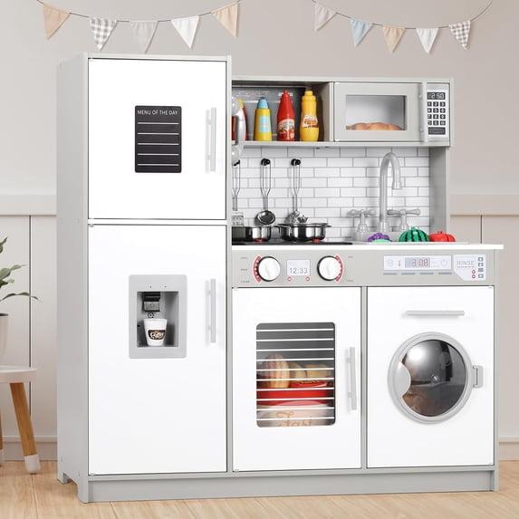 MAMIZO Play Kitchen for Kids, Wooden Chef Pretend Toy Kitchen w/Washing Machine, Water Dispenser, Stove, Real Sound & Light, Telephone, Range Hood, Oven, Sink for Toddler Preschooler Age 3+ (Gray)