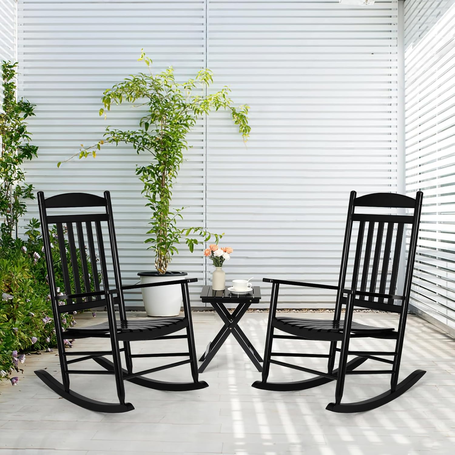 MAMIZO Soild Wood Outdoor Rocking Chair Set of 2, with High Back, Porch ...