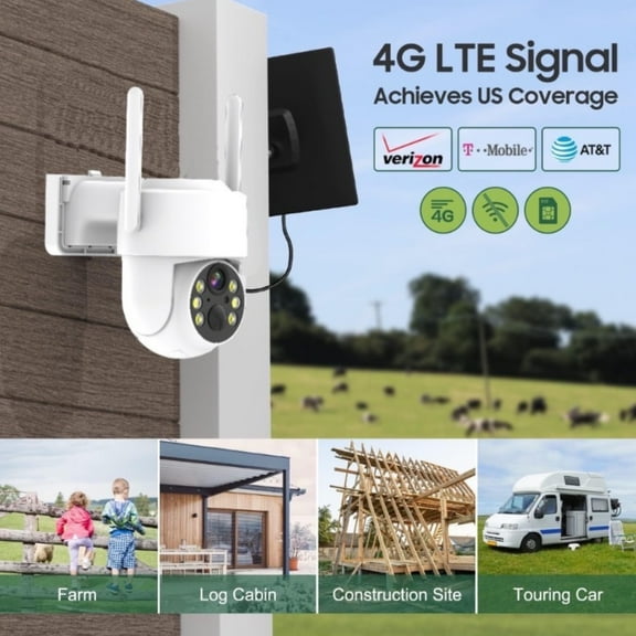 4G LTE Cellular Security Camera Outdoor Wireless Cameras Solar Powered Battery Cameras 355PTZ 2K/4MP Color Night Vision, 2 Way Talk, Spotlight, Cloud/SD Storage 4G LTE For Achieves US Coverage