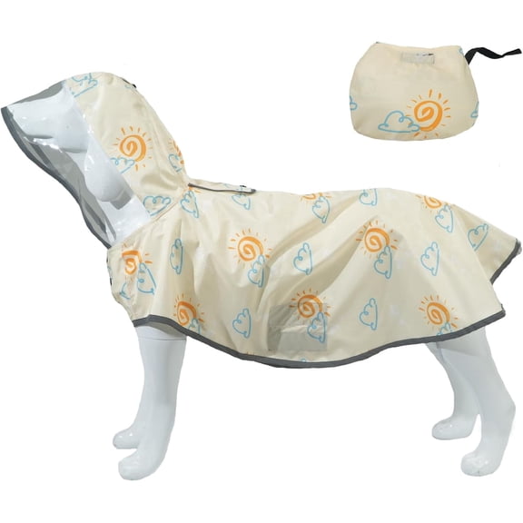 MAMORE Dog Raincoat Hooded Slicker Poncho with Leash Hole, Waterproof Dog Rain Jacket with Reflective Strip for Small to 3X-Large Dogs and Puppies Packable (Off-white, Medium)