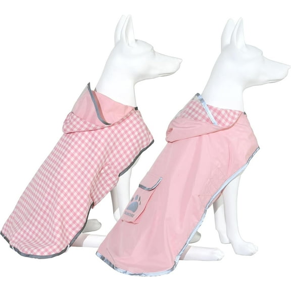 MAMORE Pet Raincoat, Reversible Waterproof Dog Rain coat with Hood and Reflective Stripes, Plaid Double Layer - for Small Medium Large Dogs (Pink,Large)