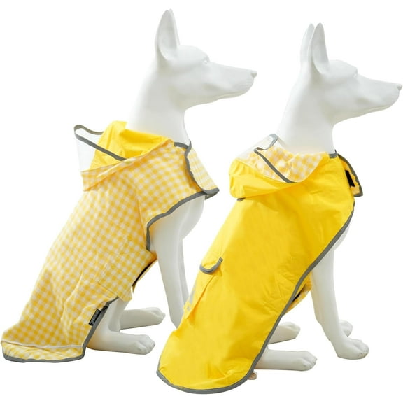 MAMORE Pet Raincoat, Reversible Waterproof Dog Rain coat with Hood and Reflective Stripes, Plaid Double Layer - for Small Medium Large Dogs (Yellow,Large)