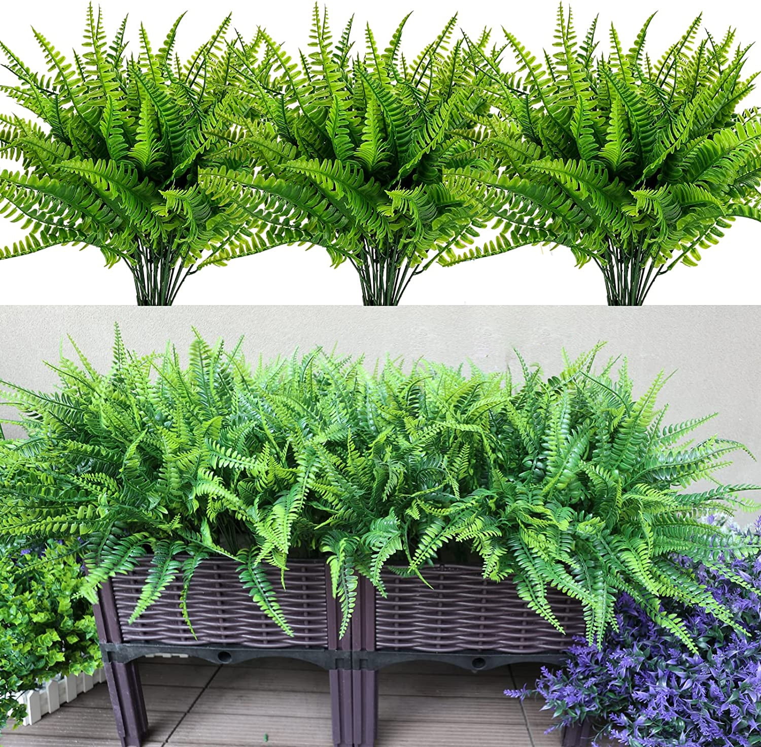 MAMOWEAR 12PCS Artificial Boston Fern Plants, UV Resistant Plastic Fake Plants Bushes Faux Shrubs Greenery for Hanging Planter Porch Garden Porch Window Box Home Decoration
