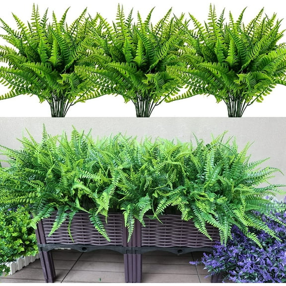MAMOWEAR 4PCS Artificial Boston Fern Plants, UV Resistant Plastic Fake Plants Bushes Faux Shrubs Greenery for Hanging Planter Porch Garden Porch Window Box Home Decoration