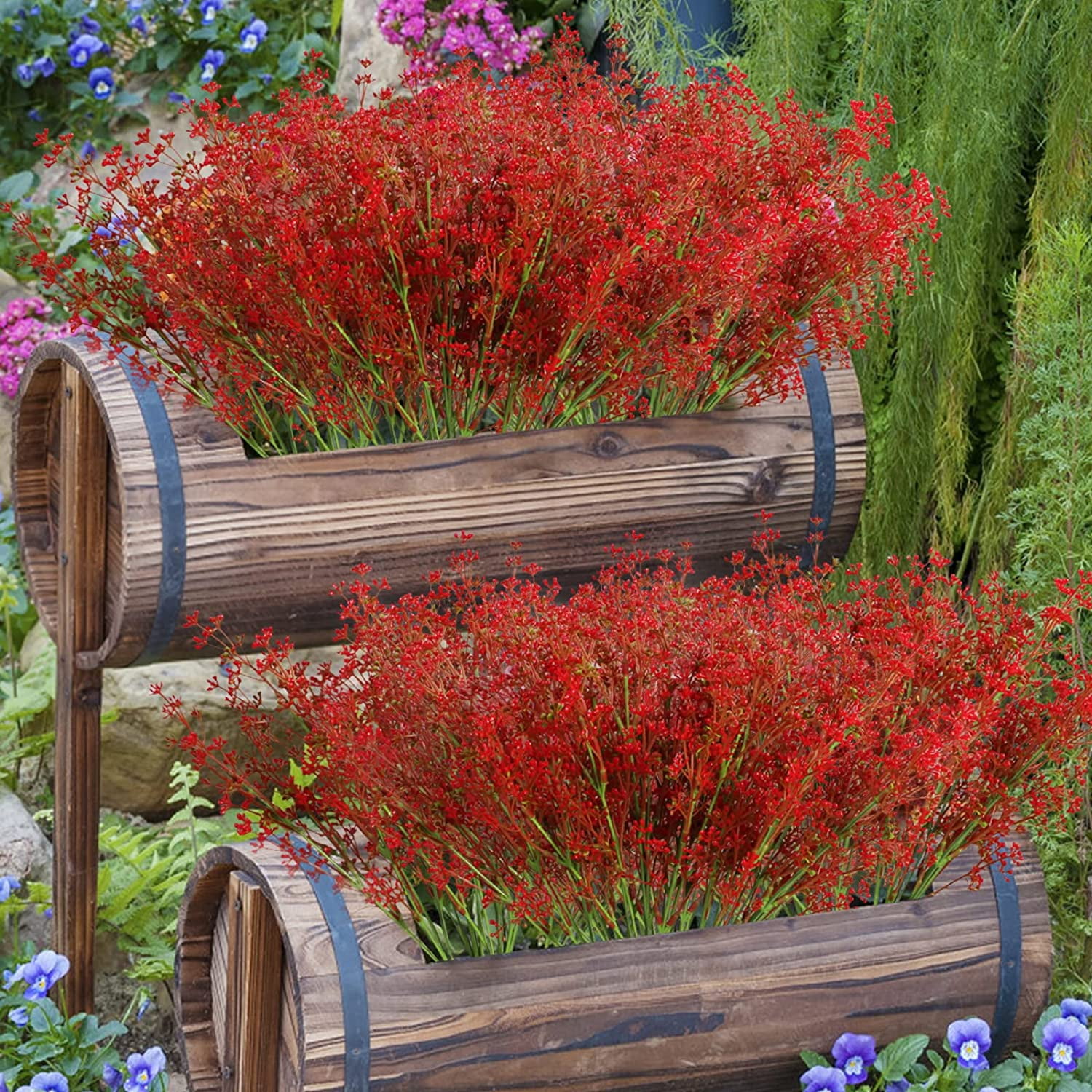 MAMOWEAR Artificial Baby breath Flowers for Outdoor Spring Fall Fake Flowers Bulk Faux Flower Bouquets for Harvest Festival Home Window Box Décor(6pcs, Red)