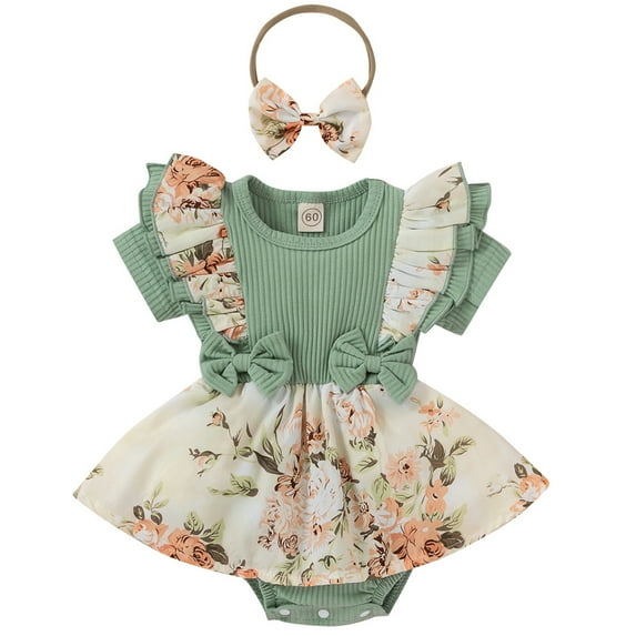 MAMOWEAR Baby Girl Clothes Floral Suspender Dress Romper Ruffle Sleeve Jumpsuit Headband Newborn Baby Outfits
