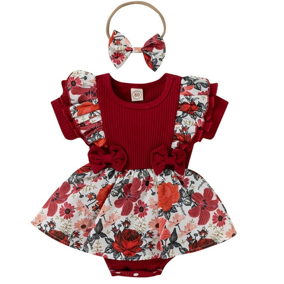 MAMOWEAR Baby Girl Clothes Floral Suspender Dress Romper Ruffle Sleeve Jumpsuit Headband Newborn Baby Outfits