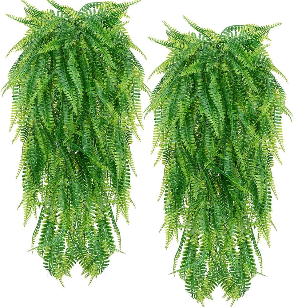 MAMOWEAR Boston Ferns Artificial Persian Rattan Fake Hanging Plant Faux Greenery Vine Outdoor UV Resistant Plastic Plants for Wall, Wedding Party Decor-4 pcs