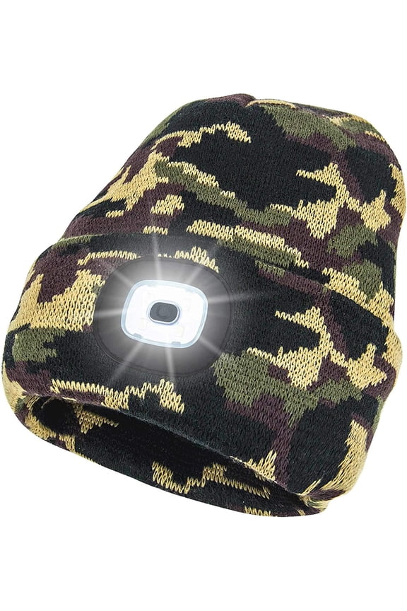 Men LED Beanie Hat with Light, USB Rechargeable, Headlamp Cap Adjustable Brightness Winter Beanie for Men Women Dad Camping Outdoor