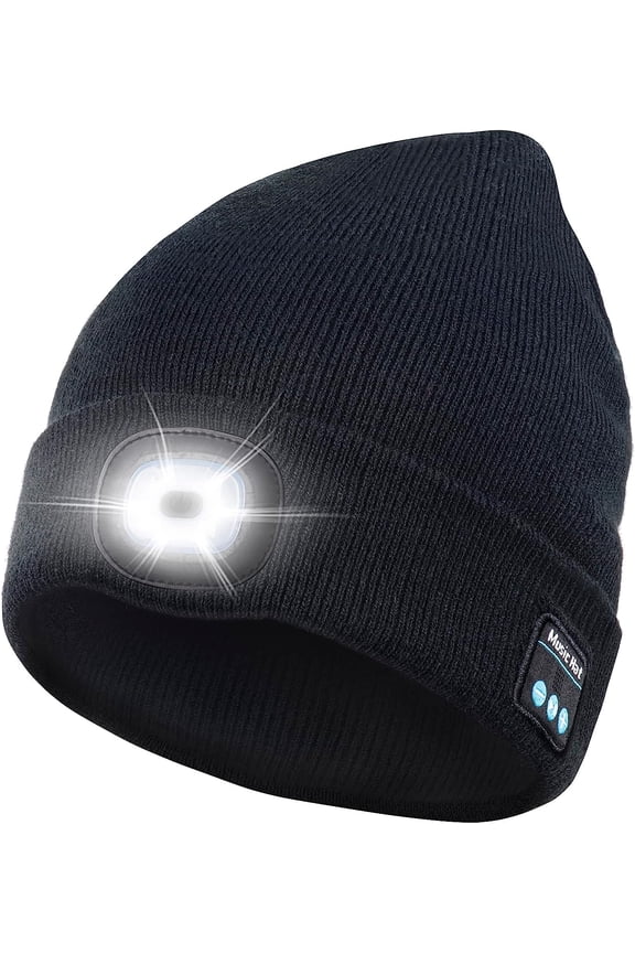 Mens Bluetooth Beanie Hat with Light Winter Knitted Cap with Headlamp Tech Gift for Men Women Dad Husband