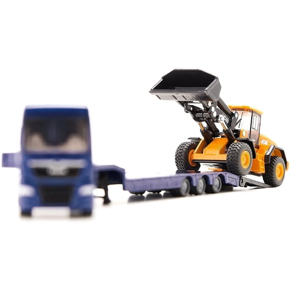 MAN Truck Blue Metallic with Low Loader Trailer and JCB 457 Wheel Loader Yellow 1/87 (HO) Diecast Model by Siku
