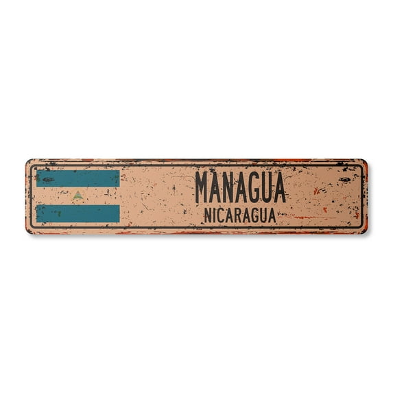 MANAGUA NICARAGUA Vintage Plastic Street Sign Nicaraguan flag city country road wall gift | Indoor/Outdoor | 24" Wide