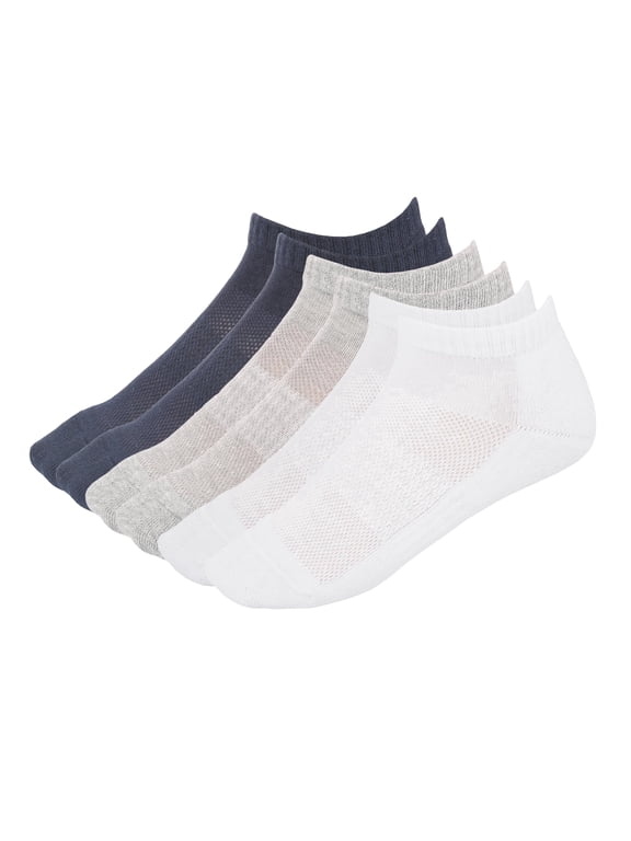 Men Women Cotton No Show Mesh Socks Low Cut Soft Comfortable Durable Breathable Reinforced Double Layer Cushioned 3 Pack White, Navy Blue, Light Grey.