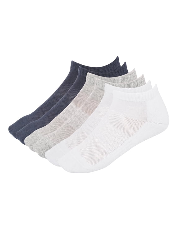 Men Women Cotton No Show Mesh Socks Low Cut Soft Comfortable Durable Breathable Reinforced Double Layer Cushioned 3 Pack White, Navy Blue, Light Grey.