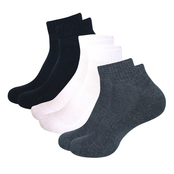 MANARC Women Cotton Ankle Socks Mesh Breathable Soft Comfortable Durable Double Layer Cushioned Reinforced Seamless Anti Slip With Ribbed Instep For A Firm Grip. 3 Pack White, Black, Dark Grey.